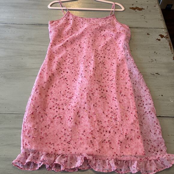 Byer Too Dresses & Skirts - Y2K Byer Too Pink Ditzy Floral Ruffle Hem Mini Sundress Sz 11 Whimsy Cutesy Vtg